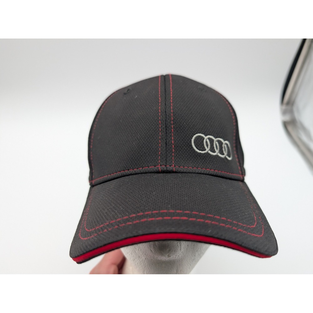 Audi Baseball Cap Black Red Contrast Stitching Mesh Adjustable Hat Logo Mens
